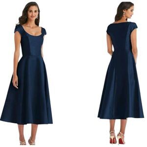 NWT Alfred Sung Cap Sleeve Satin Midi Dress Dark Navy Blue Size 6